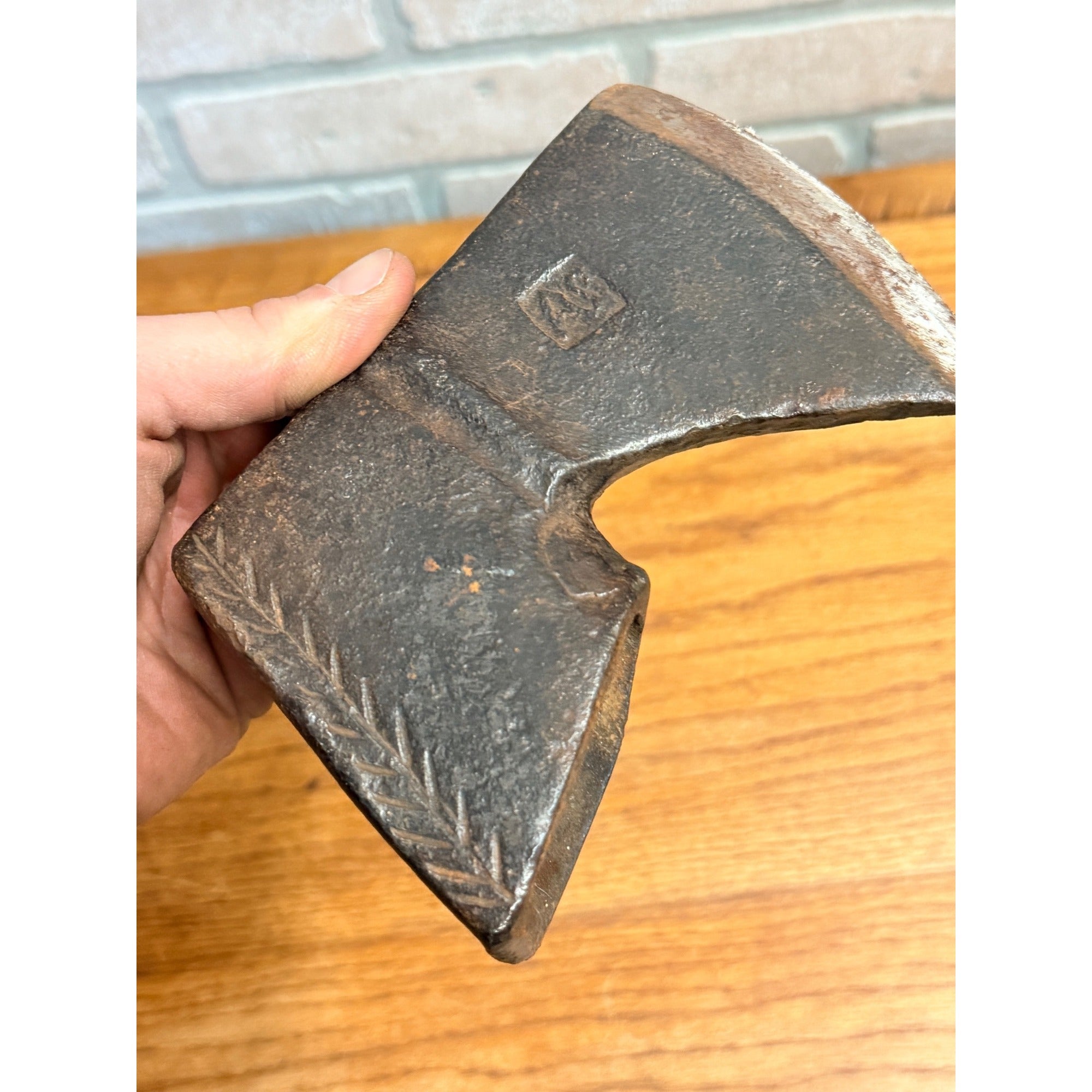 Antique 19th c. Blacksmith Forged Bearded Hewing Axe Single Bit Engraved Leaf