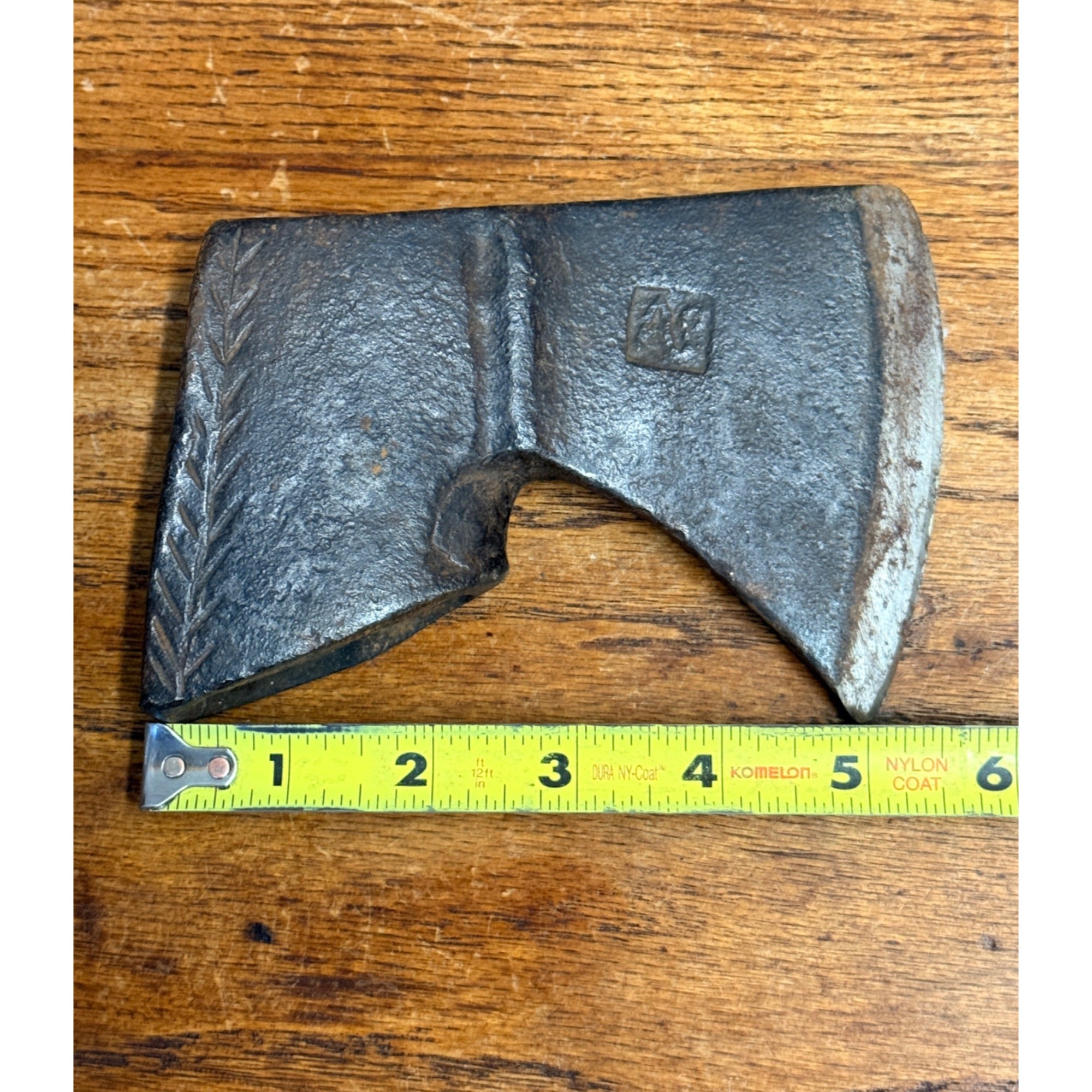 Antique 19th c. Blacksmith Forged Bearded Hewing Axe Single Bit Engraved Leaf