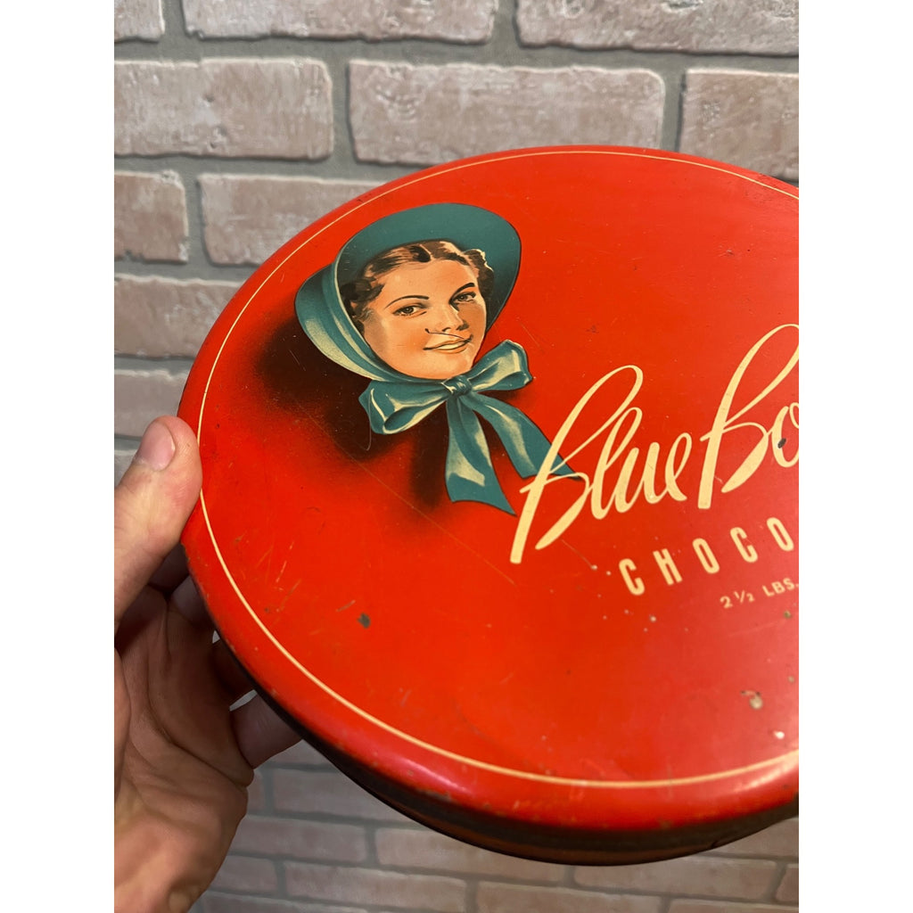 RARE Vintage Blue Bonnet Chocolates Candy Tin Zion Illinois IL Advertising