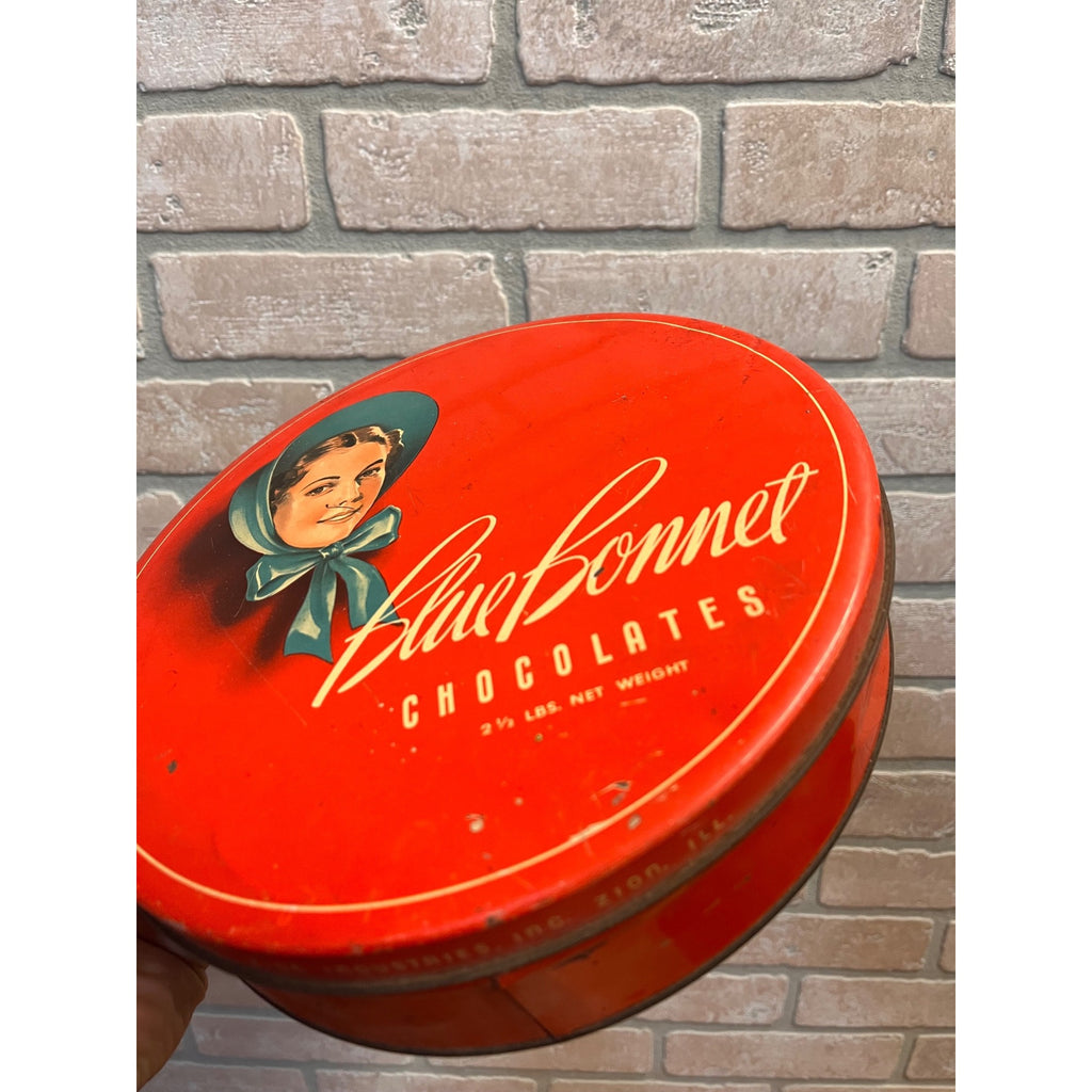 RARE Vintage Blue Bonnet Chocolates Candy Tin Zion Illinois IL Advertising