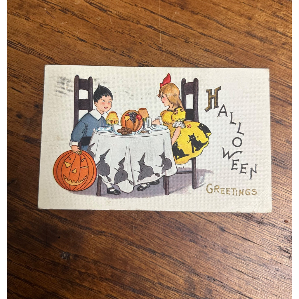 Halloween Postcard Stecher 400B Children JOL Witches Cats Artist Signed MEP