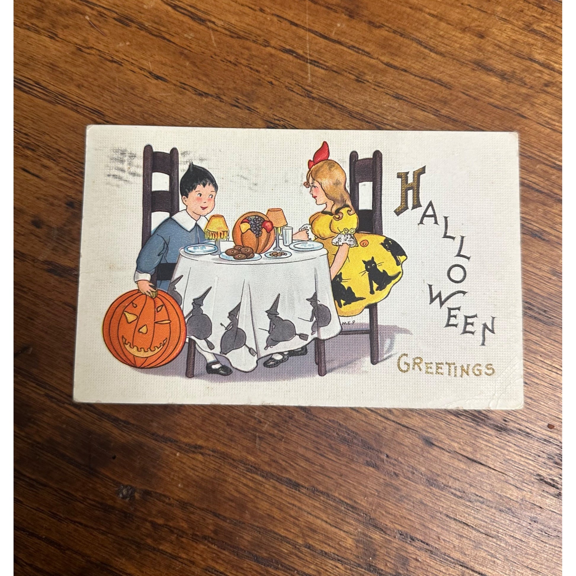 Halloween Postcard Stecher 400B Children JOL Witches Cats Artist Signed MEP