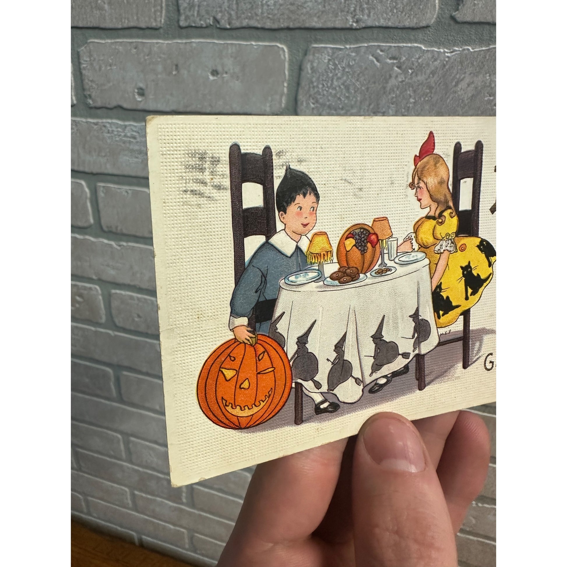 Halloween Postcard Stecher 400B Children JOL Witches Cats Artist Signed MEP