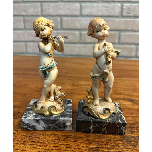 Vintage Simonelli Fontanini Depose Italy Signed 6" Cherubs w/ Instruments Marble Base