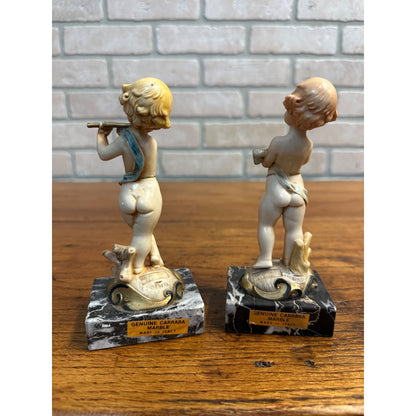 Vintage Simonelli Fontanini Depose Italy Signed 6" Cherubs w/ Instruments Marble Base