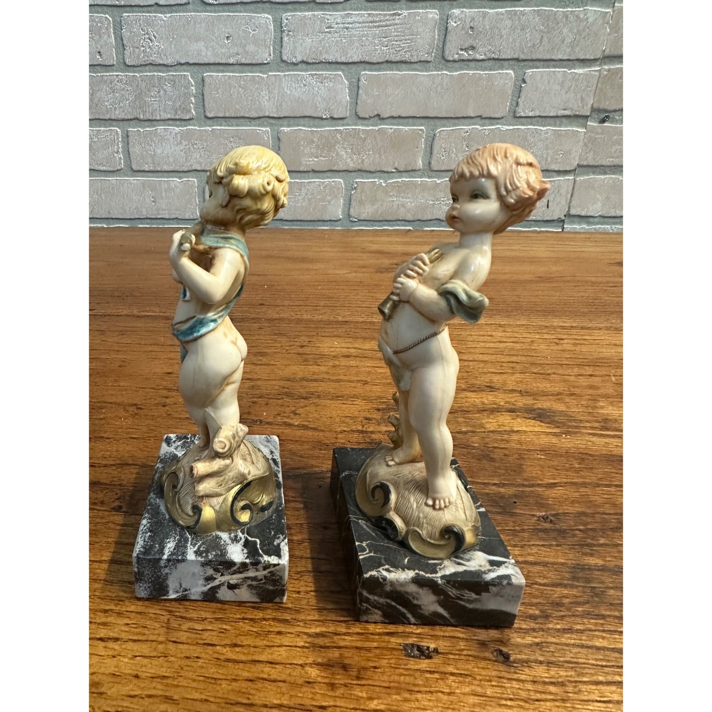 Vintage Simonelli Fontanini Depose Italy Signed 6" Cherubs w/ Instruments Marble Base