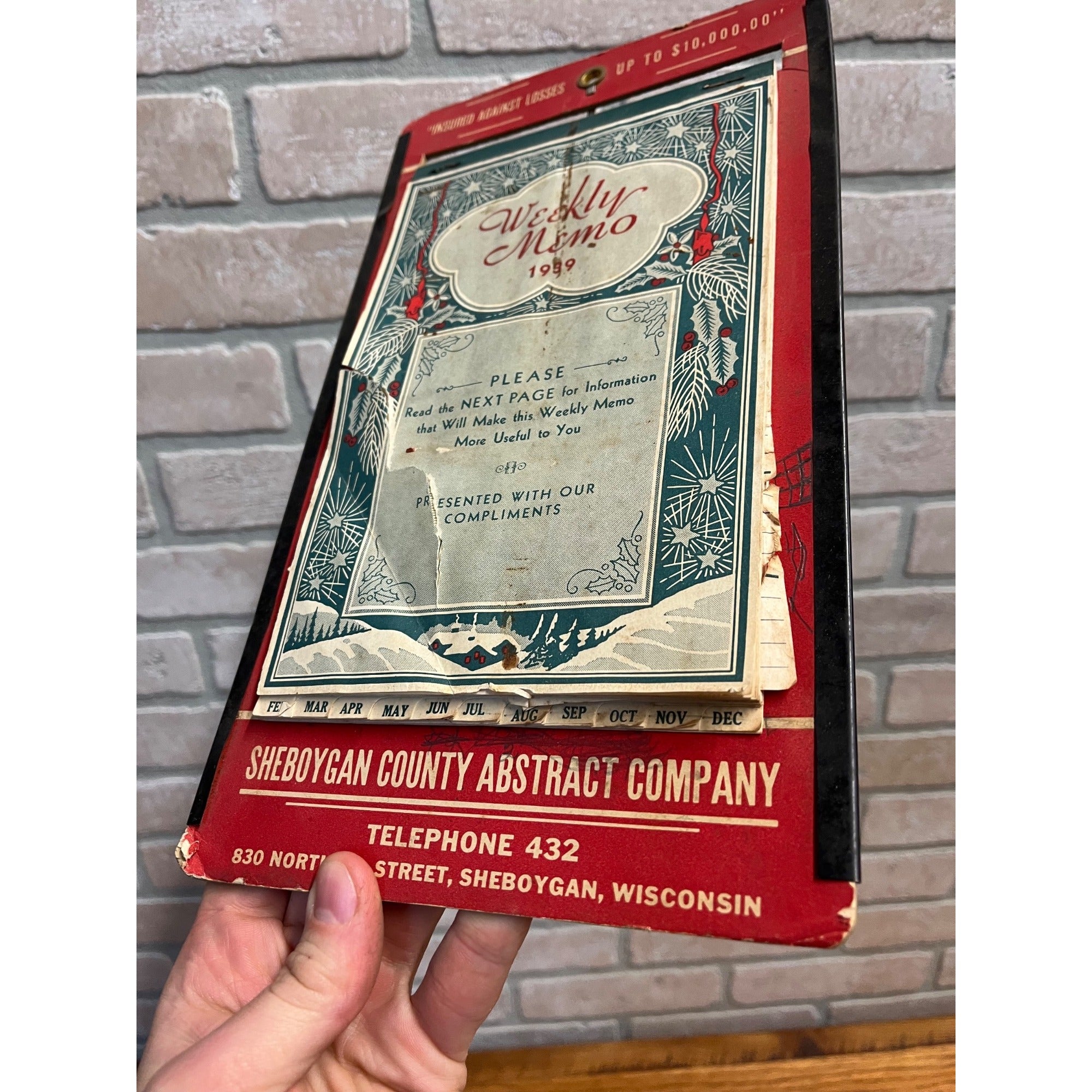 Vintage 1939 Sheboygan County Abstract Company Advertising Weekly Memo Calendar
