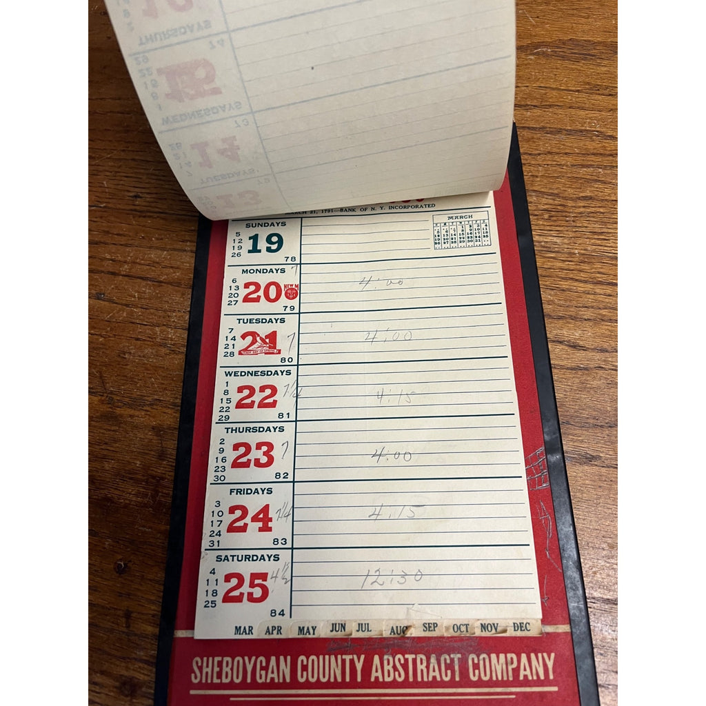 Vintage 1939 Sheboygan County Abstract Company Advertising Weekly Memo Calendar