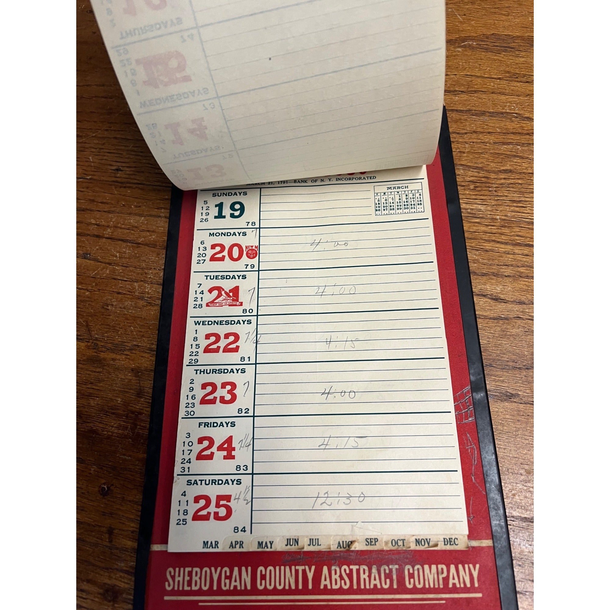 Vintage 1939 Sheboygan County Abstract Company Advertising Weekly Memo Calendar