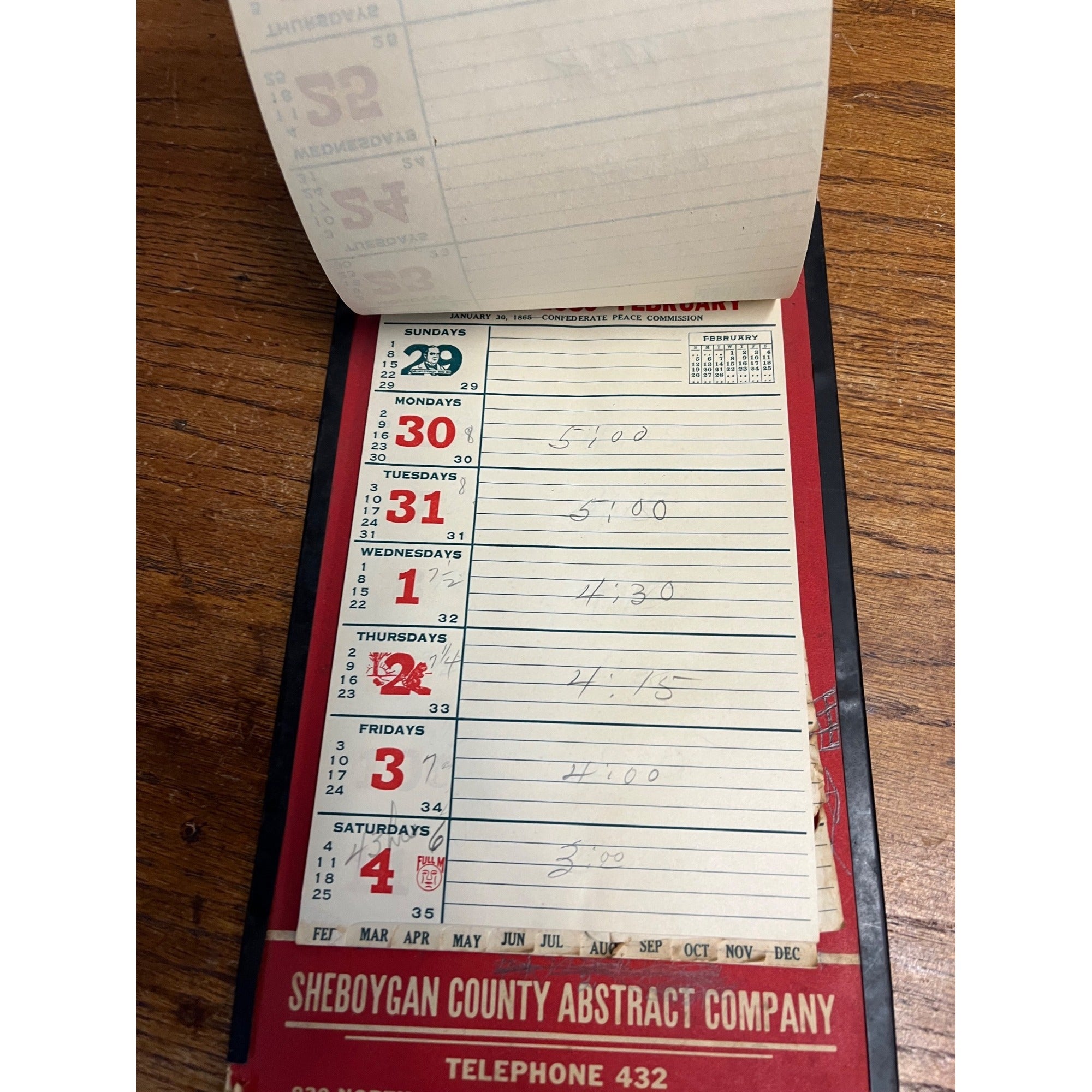 Vintage 1939 Sheboygan County Abstract Company Advertising Weekly Memo Calendar