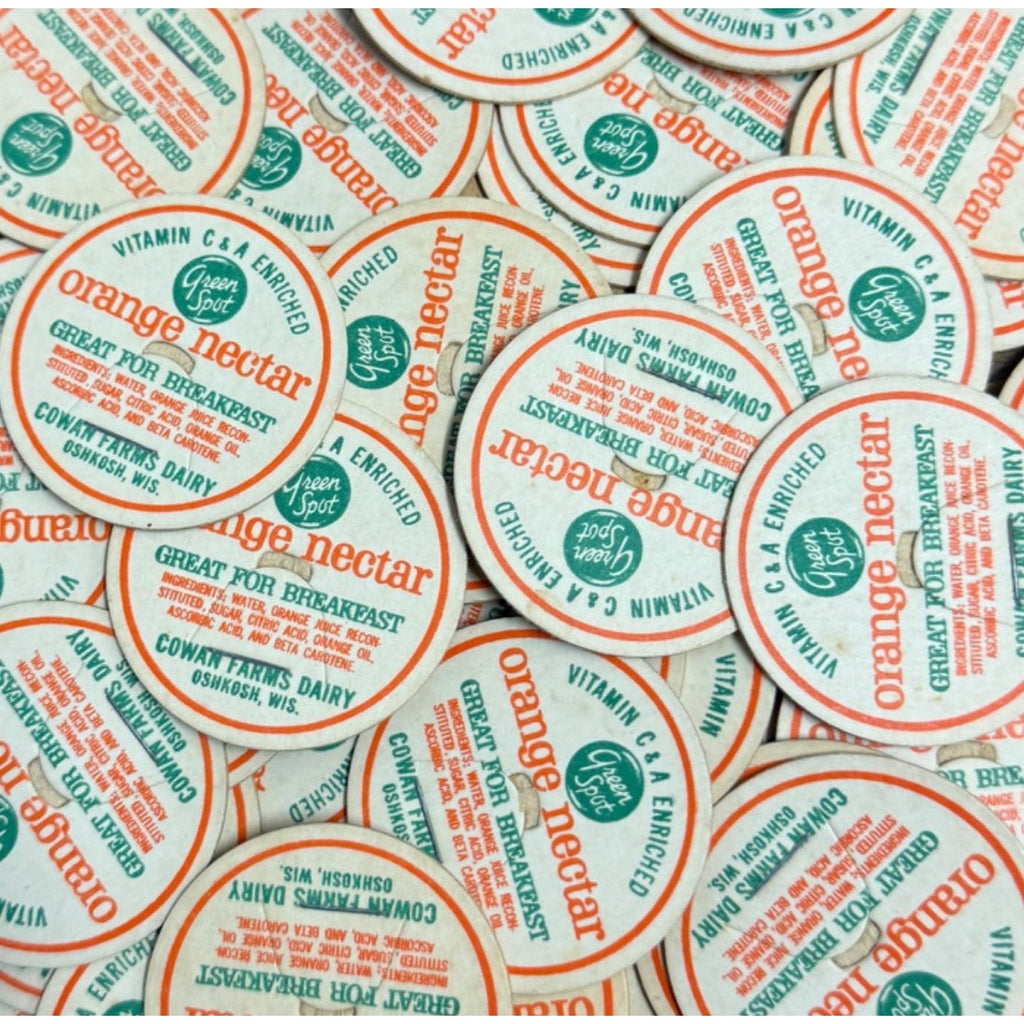 Milk Bottle Cap - Cowans Dairy Farm - Oshkosh, (Wisconsin) Wis WI - Orange Nectar Green Spot