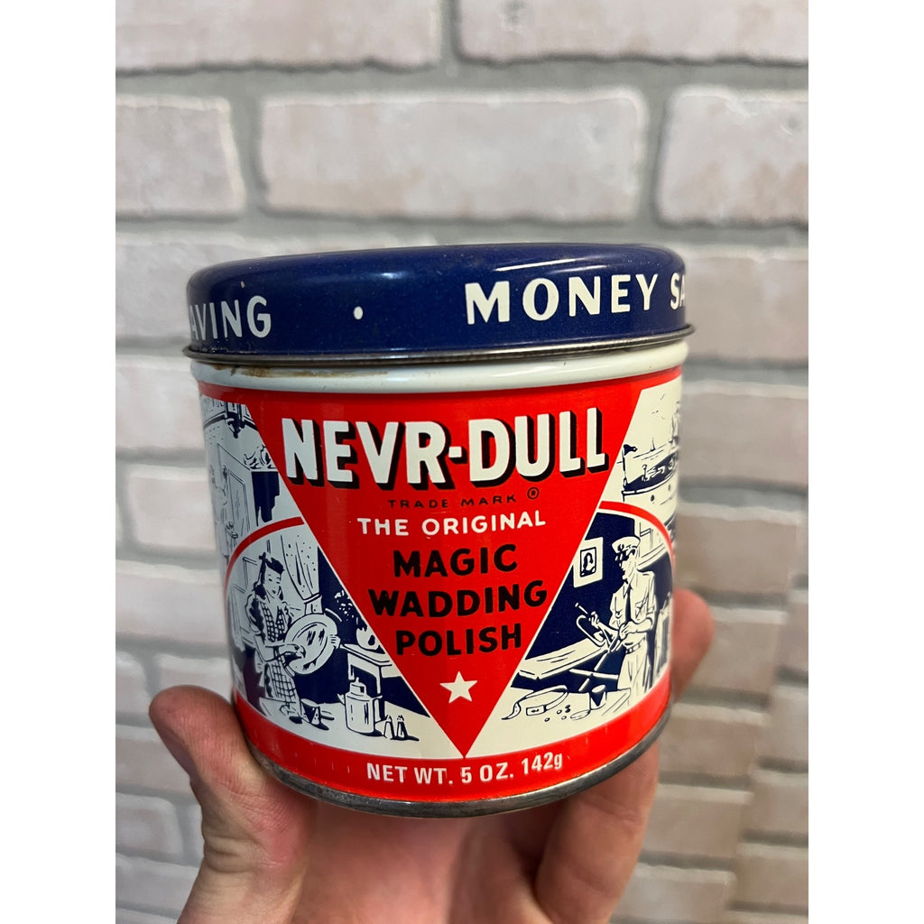 Vintage NEVR-DULL Magic Wadding Metal Polish 5 Ounce Tin Advertising 1941 George Basch CO. Freeport, N.Y. USA