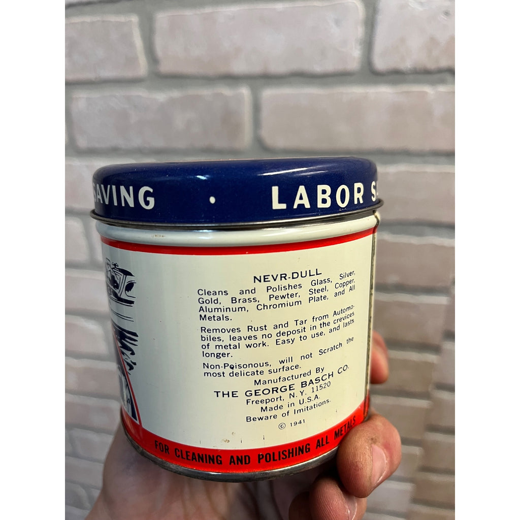 Vintage NEVR-DULL Magic Wadding Metal Polish 5 Ounce Tin Advertising 1941 George Basch CO. Freeport, N.Y. USA