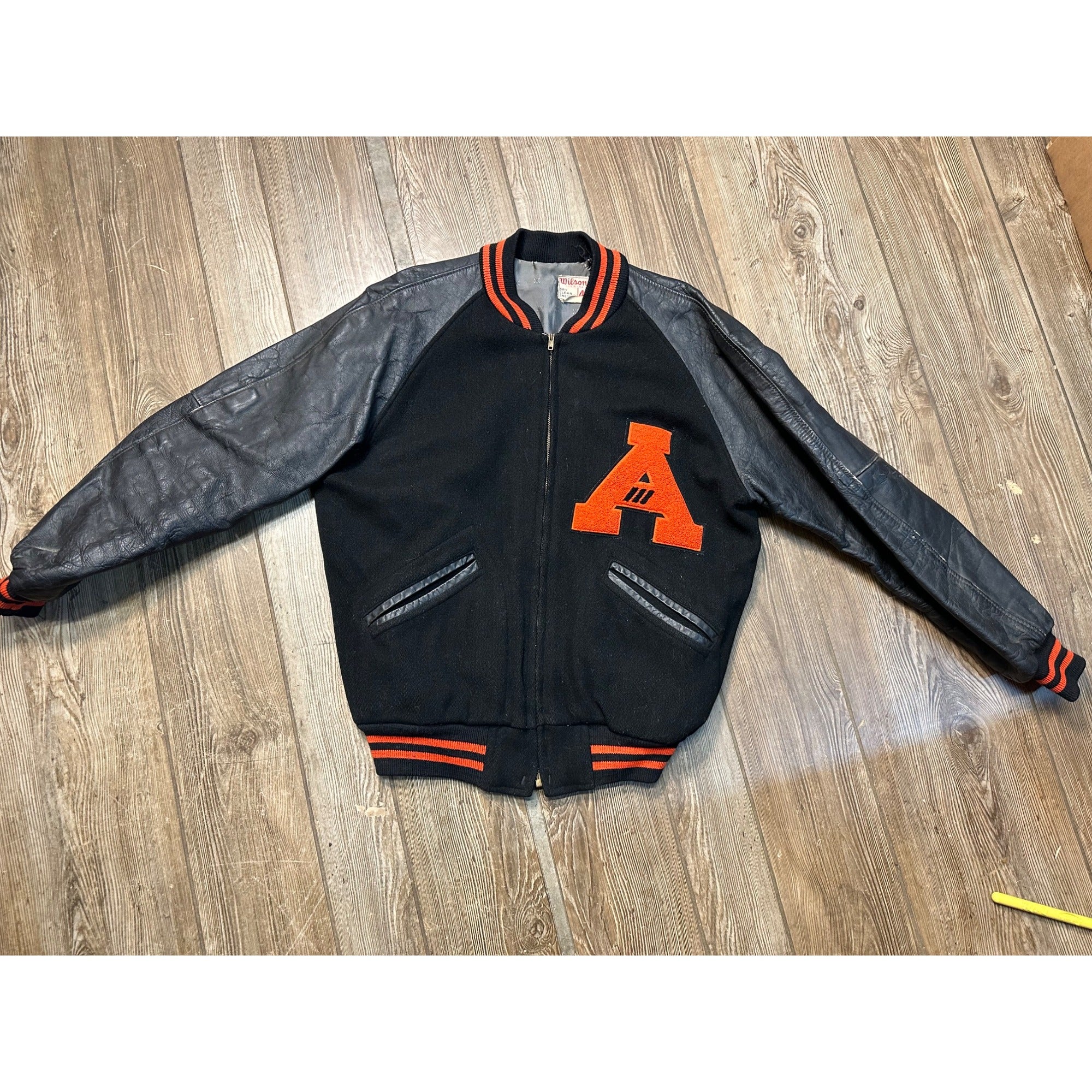 Vintage 1960s Varsity Letterman Bomber Sports Jacket Black Orange Coat Size 46