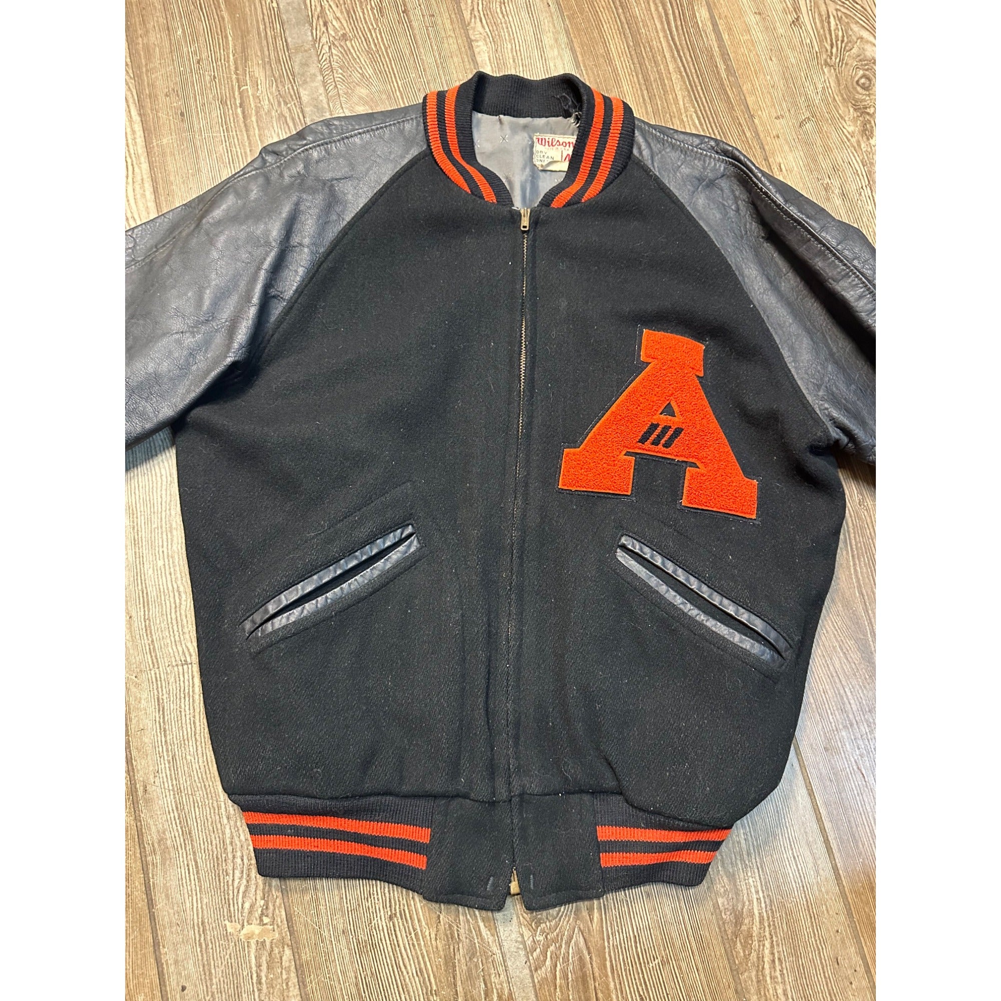 Vintage 1960s Varsity Letterman Bomber Sports Jacket Black Orange Coat Size 46