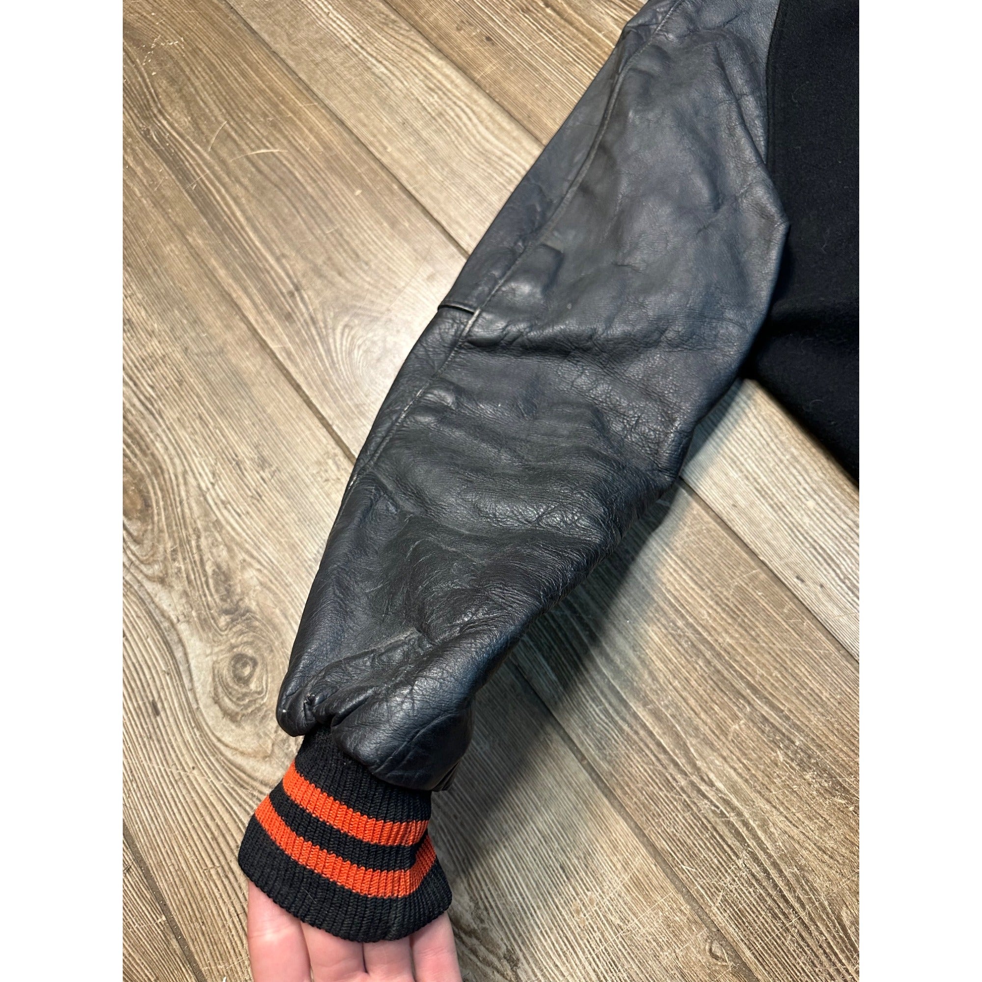 Vintage 1960s Varsity Letterman Bomber Sports Jacket Black Orange Coat Size 46