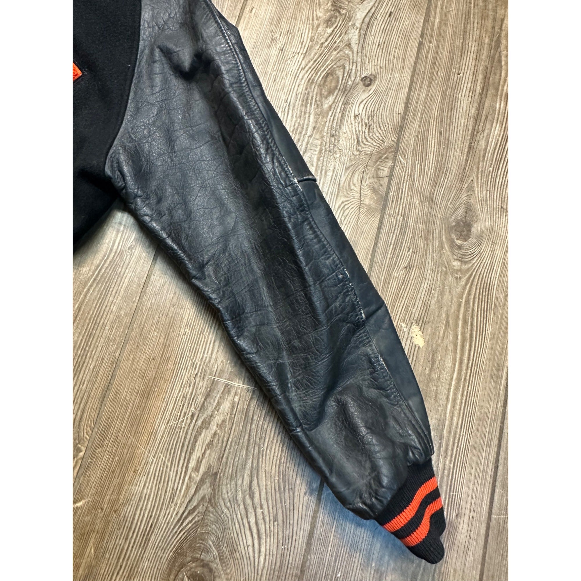 Vintage 1960s Varsity Letterman Bomber Sports Jacket Black Orange Coat Size 46