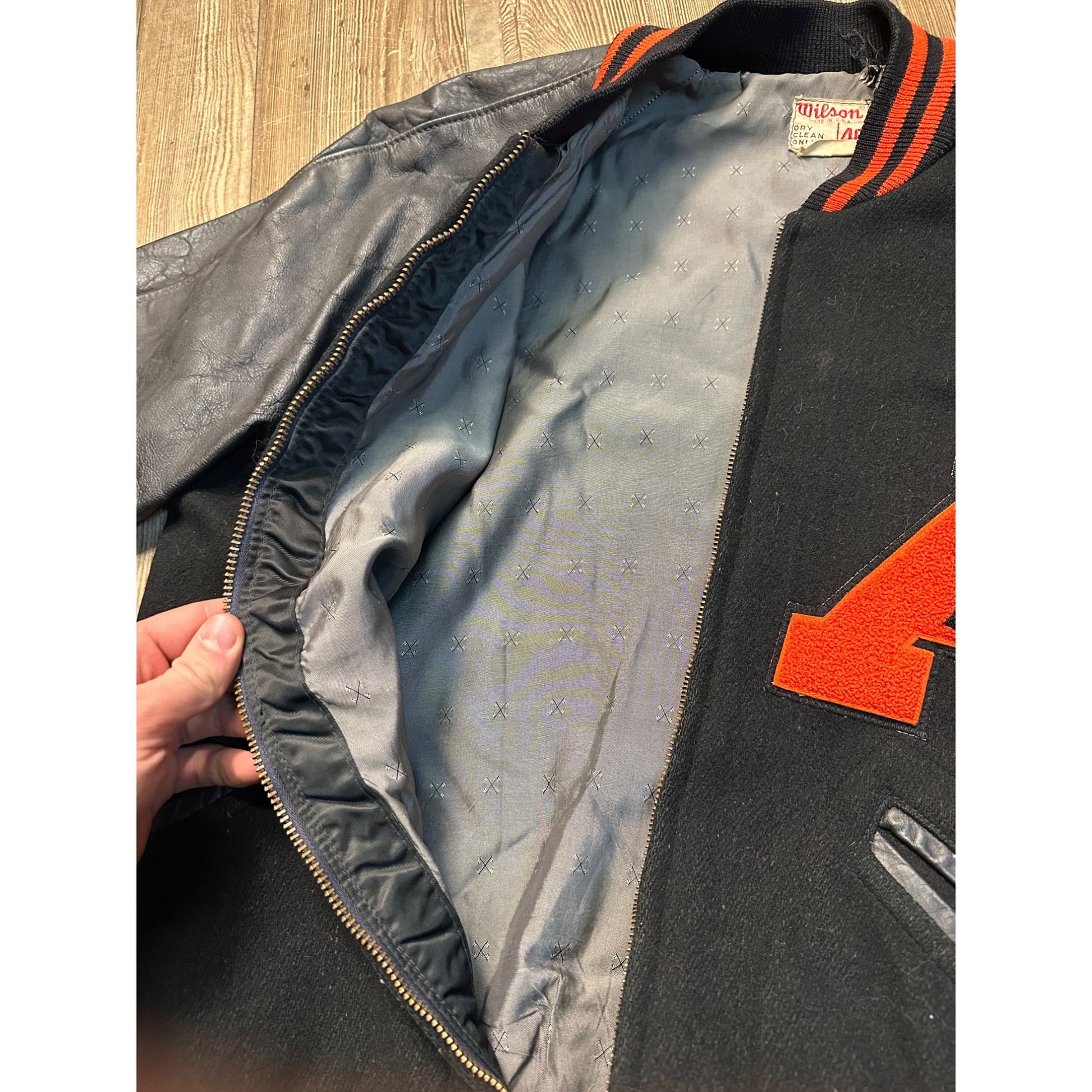Vintage 1960s Varsity Letterman Bomber Sports Jacket Black Orange Coat Size 46