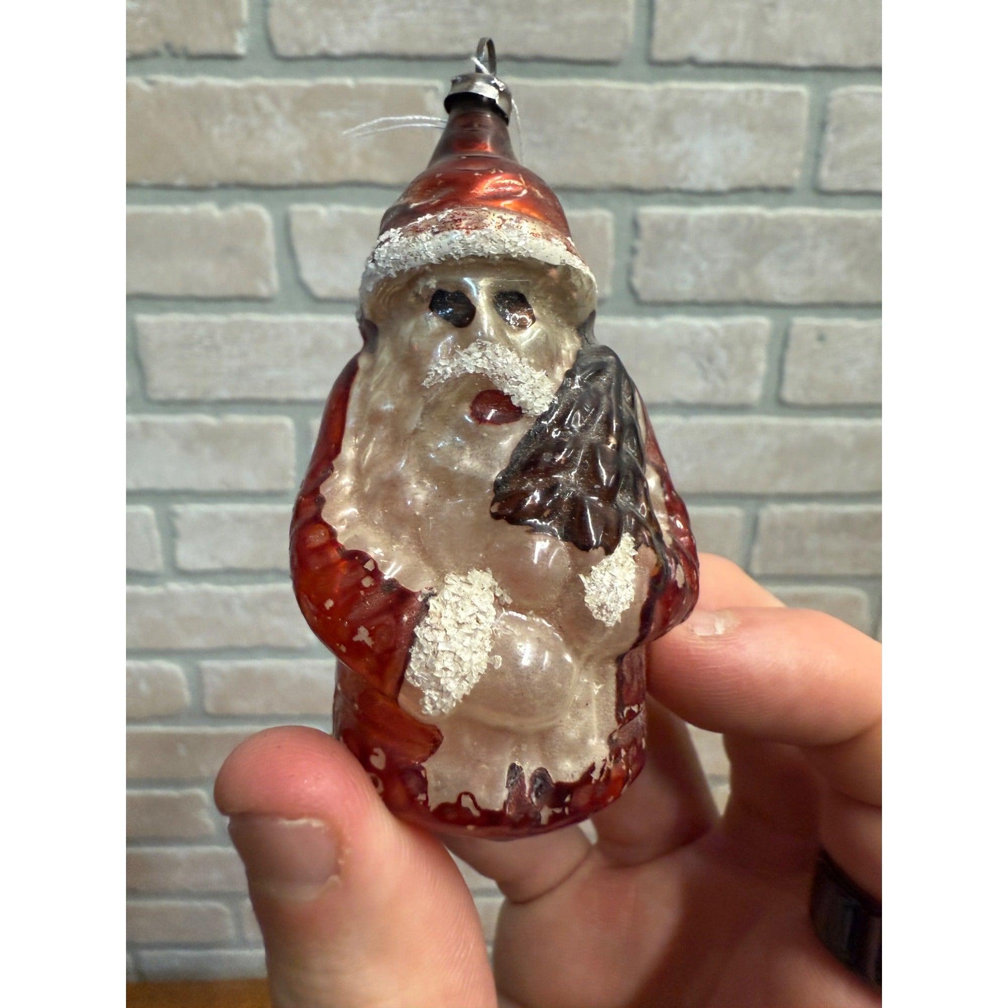 Vintage Santa Claus Father Christmas Holding Tree Glass Ornament