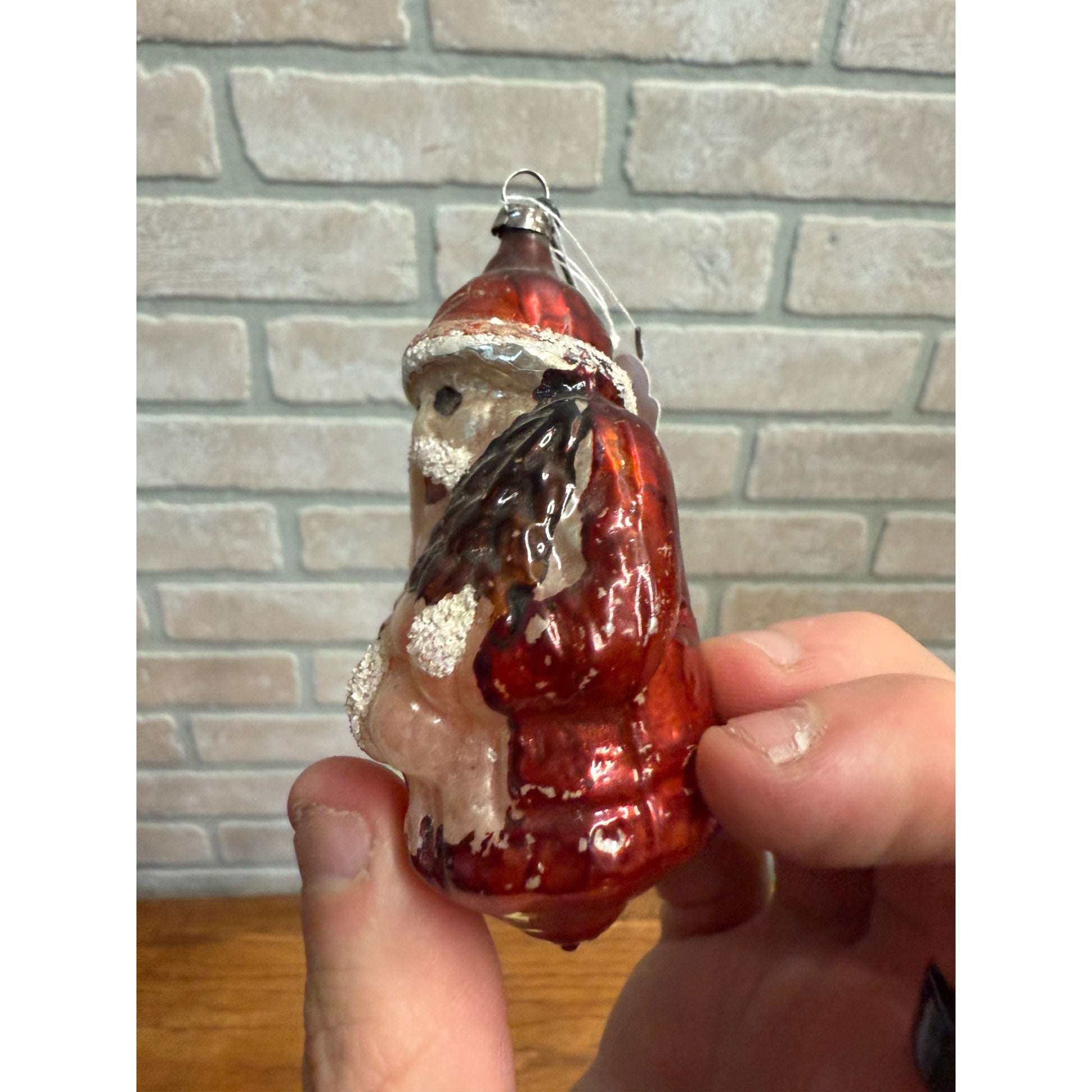 Vintage Santa Claus Father Christmas Holding Tree Glass Ornament