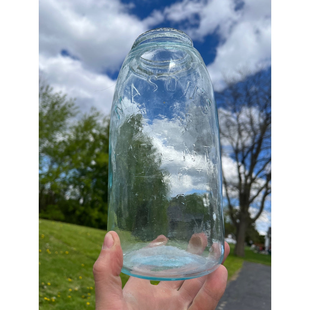 Antique 1858 Mason's Patent Half Gallon Jar Crude Dimpled #152 Jar 1800s Blue Aqua