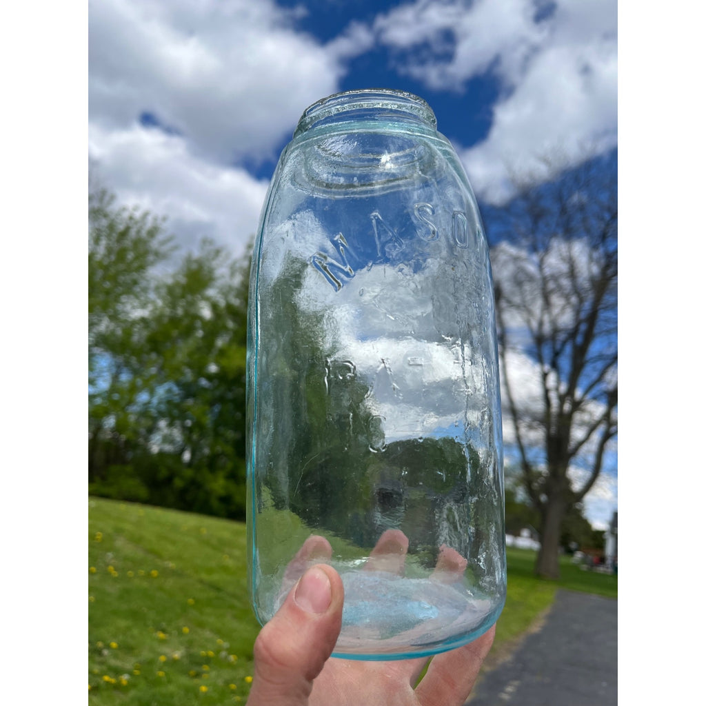 Antique 1858 Mason's Patent Half Gallon Jar Crude Dimpled #152 Jar 1800s Blue Aqua