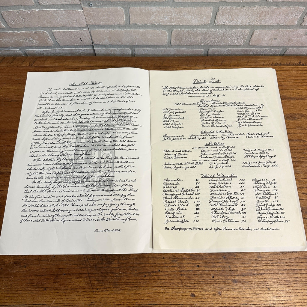 1960s "The Old House" oversized restaurant food menu, Louisville, Kentucky (T)