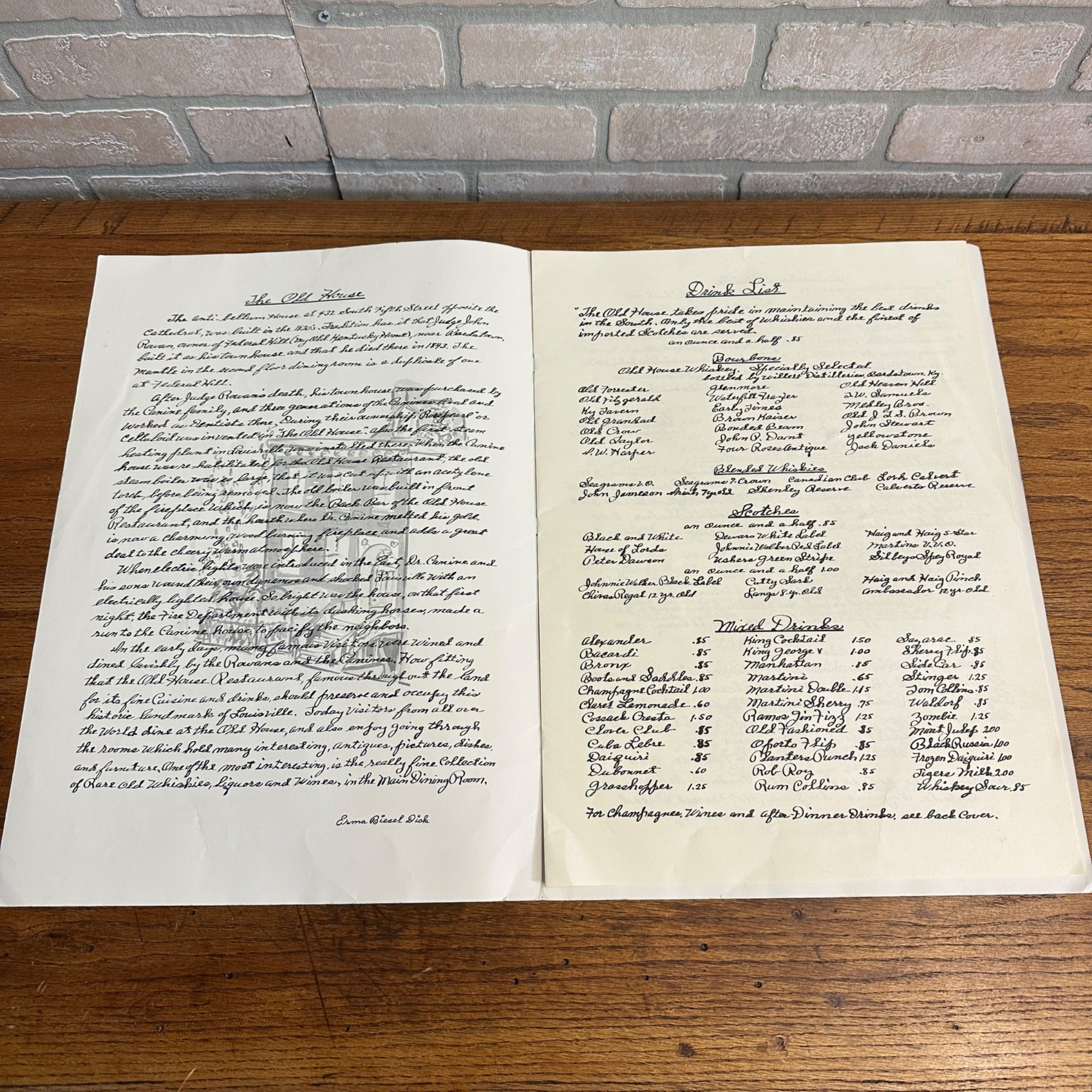 1960s "The Old House" oversized restaurant food menu, Louisville, Kentucky (T)