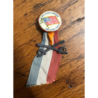 Vintage WWII Homefront Patriotic Pinback Ribbon God Bless Flag Crossed Swords