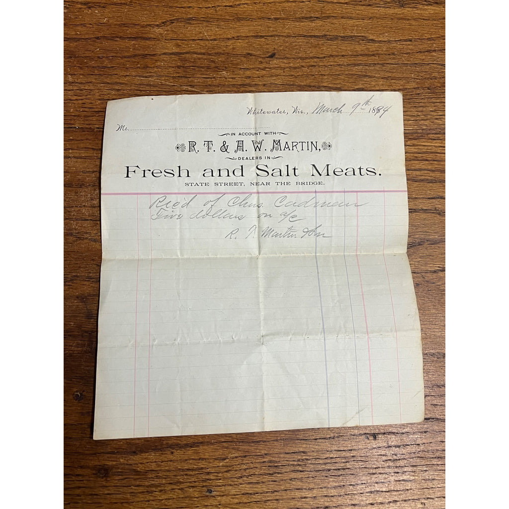 Antique 1894 R.T. Martin Fresh Meats Letterhead Billhead Whitewater Wisconsin
