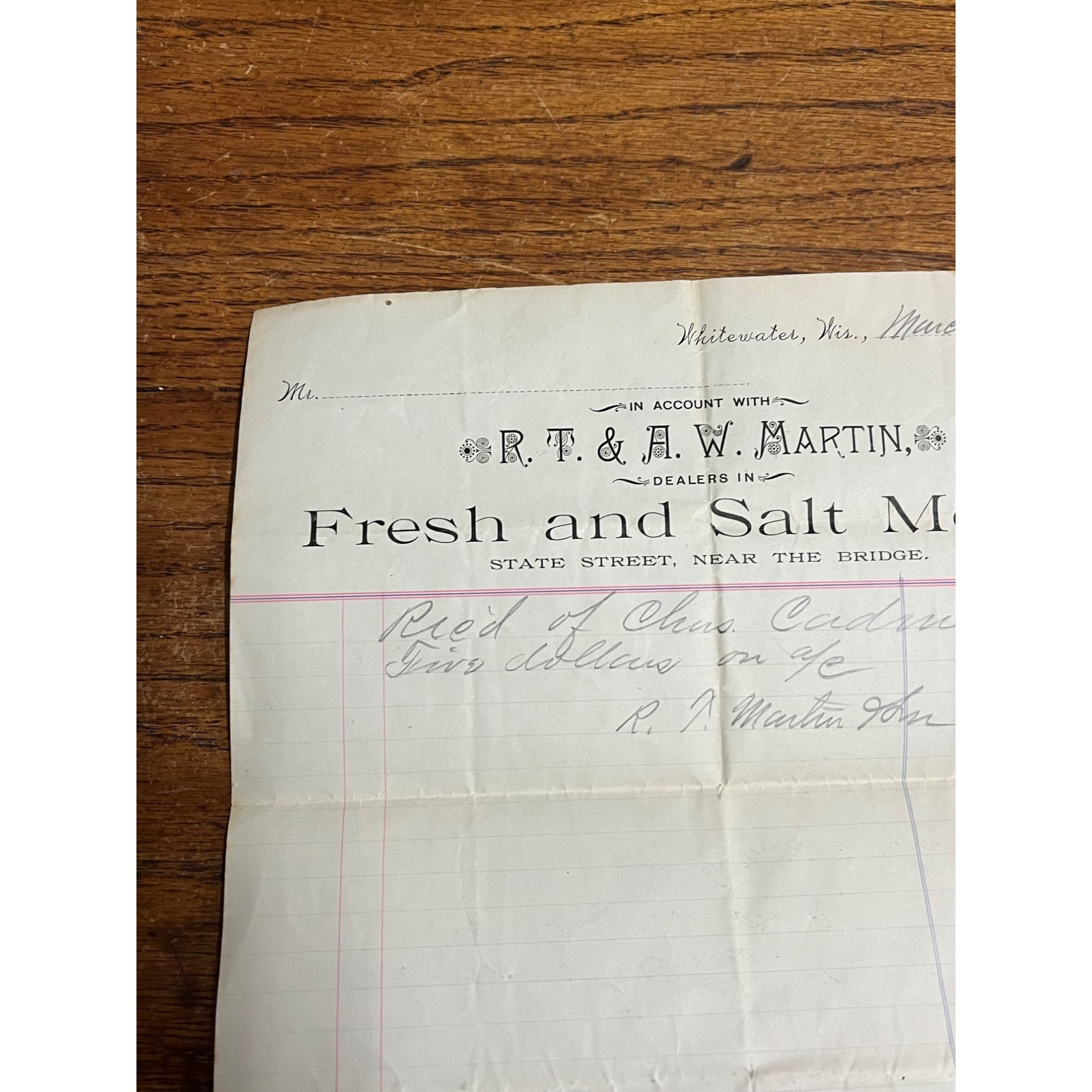 Antique 1894 R.T. Martin Fresh Meats Letterhead Billhead Whitewater Wisconsin