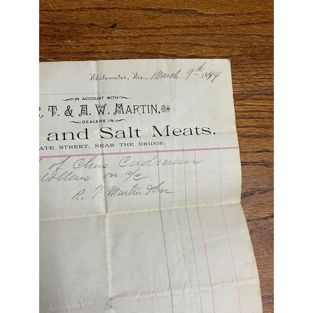 Antique 1894 R.T. Martin Fresh Meats Letterhead Billhead Whitewater Wisconsin