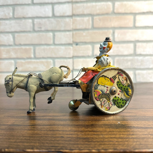 Vintage Lehmann Stubborn Donkey & Cart Circus Clown Windup Tin Litho Toy