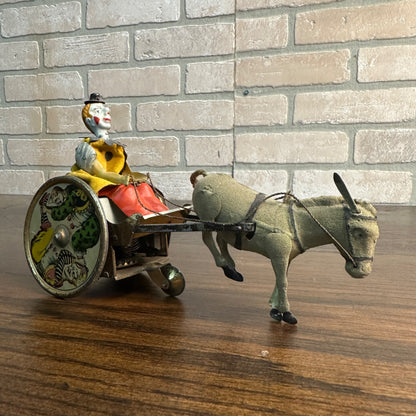 Vintage Lehmann Stubborn Donkey & Cart Circus Clown Windup Tin Litho Toy