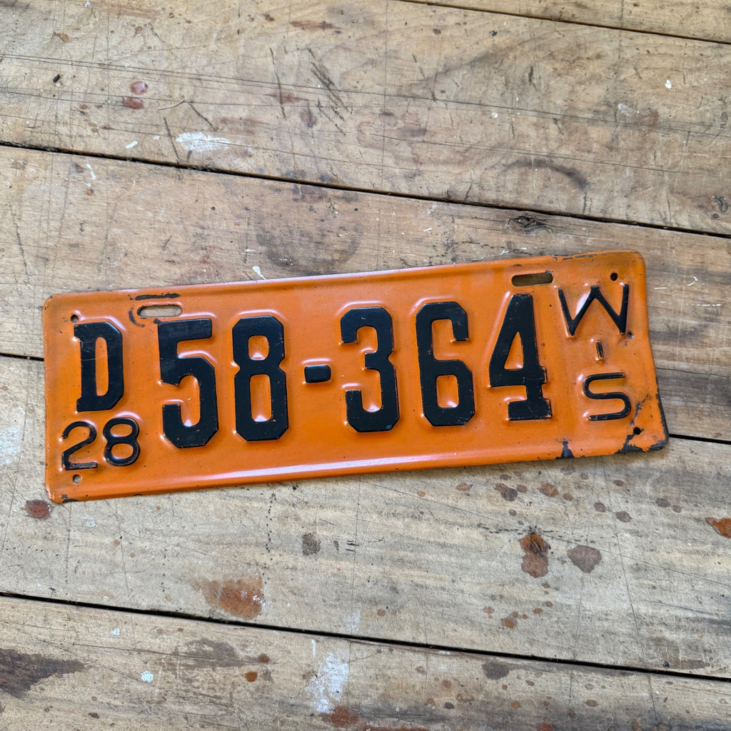 1928 Wisconsin License Plate 58-364 Clean Orange Black D