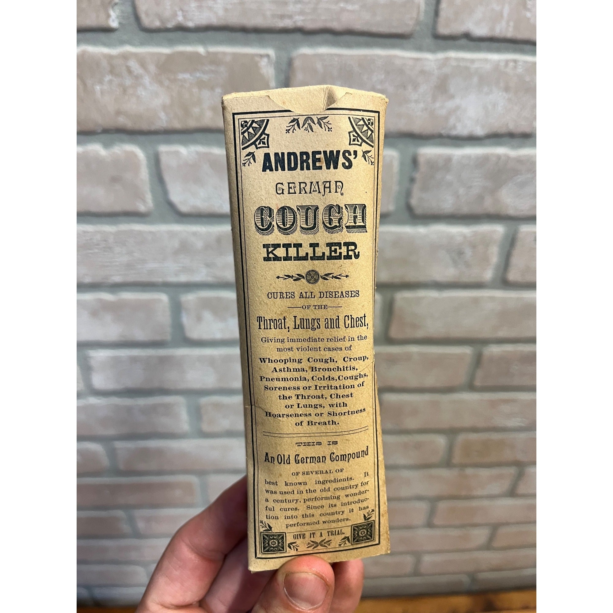 Vintage Andrew's German Cough Killer Empty Cardboard Box Drug Store Circa 1880's Andrews Chemical Co.