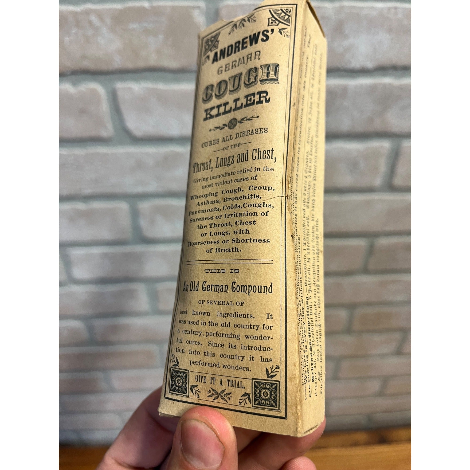 Vintage Andrew's German Cough Killer Empty Cardboard Box Drug Store Circa 1880's Andrews Chemical Co.
