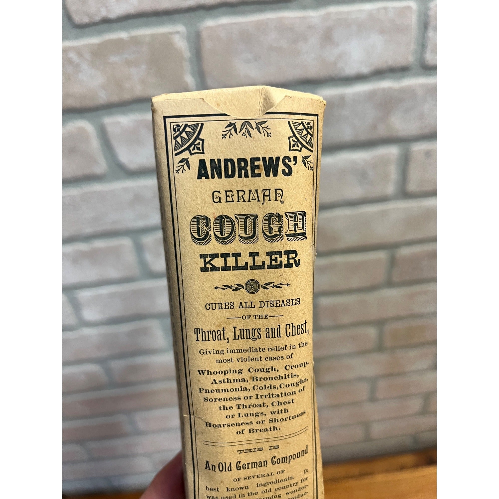 Vintage Andrew's German Cough Killer Empty Cardboard Box Drug Store Circa 1880's Andrews Chemical Co.