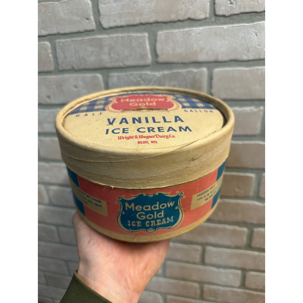 Vintage 1950s Meadow Gold Ice Cream Cardboard Carton Half Gal Beloit WI Wis