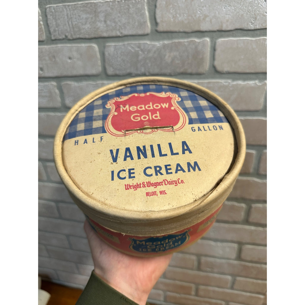Vintage 1950s Meadow Gold Ice Cream Cardboard Carton Half Gal Beloit WI Wis