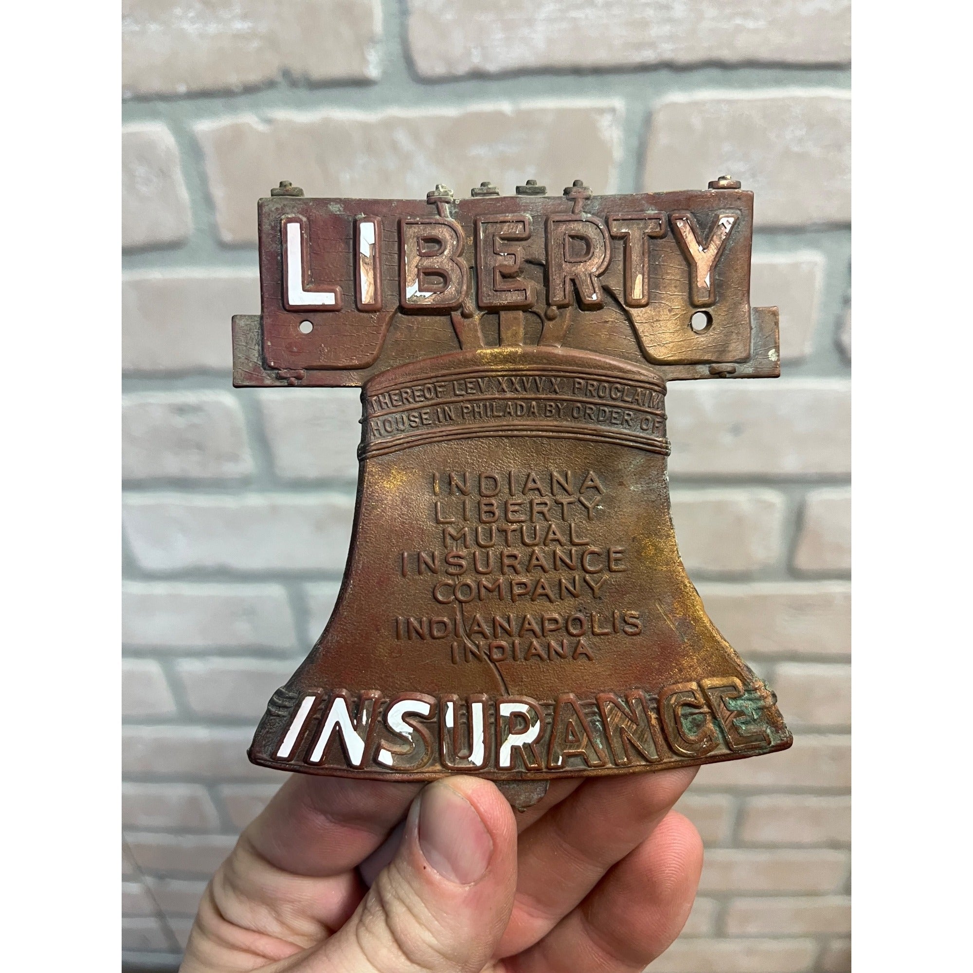 Liberty Insurance Antique Bronze Bell Sign Plaque Indiana Mutual Fox Cincinnati
