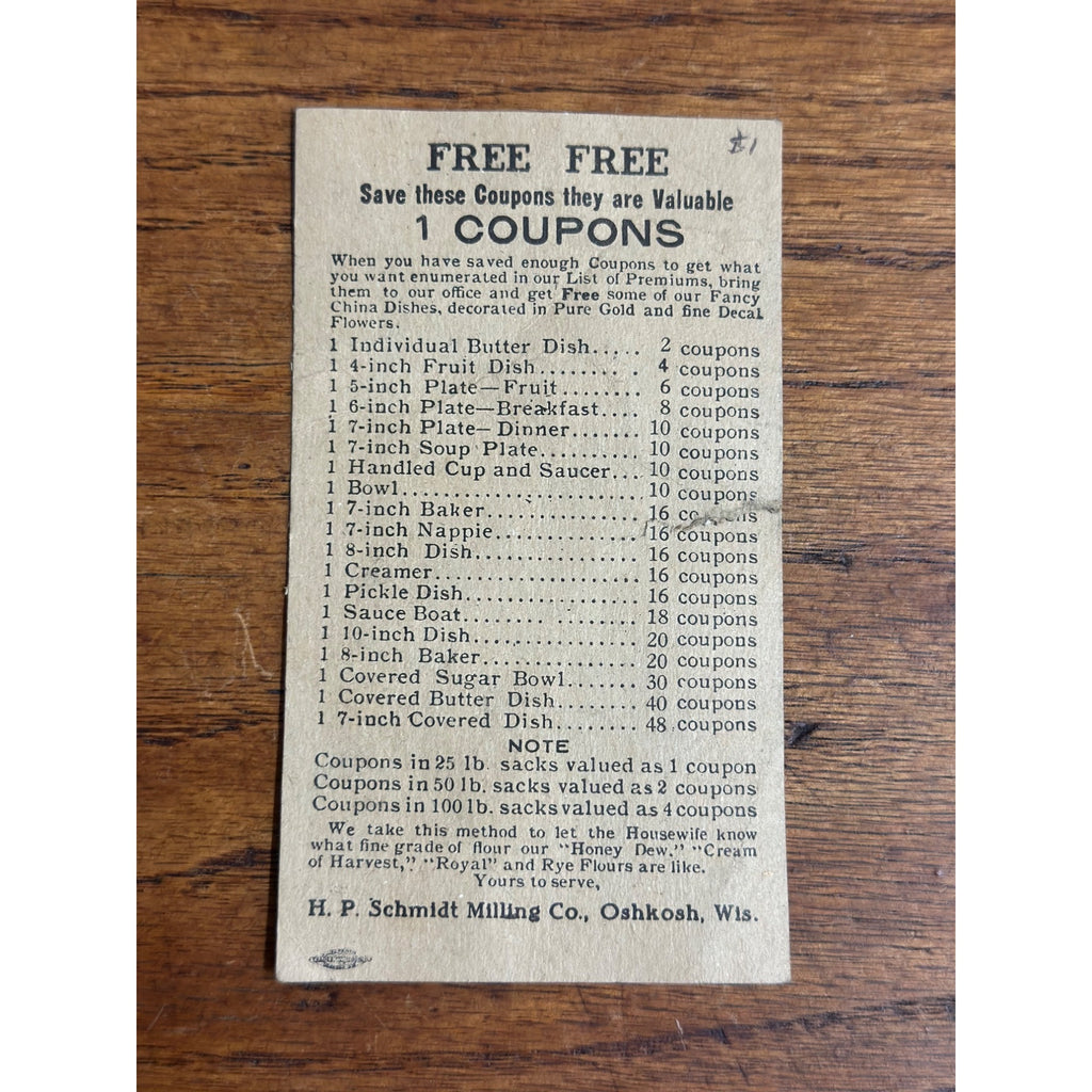 Early 1900s H.P. Schmidt Milling Co. Oshkosh Wis Wisconsin Coupon Advertising