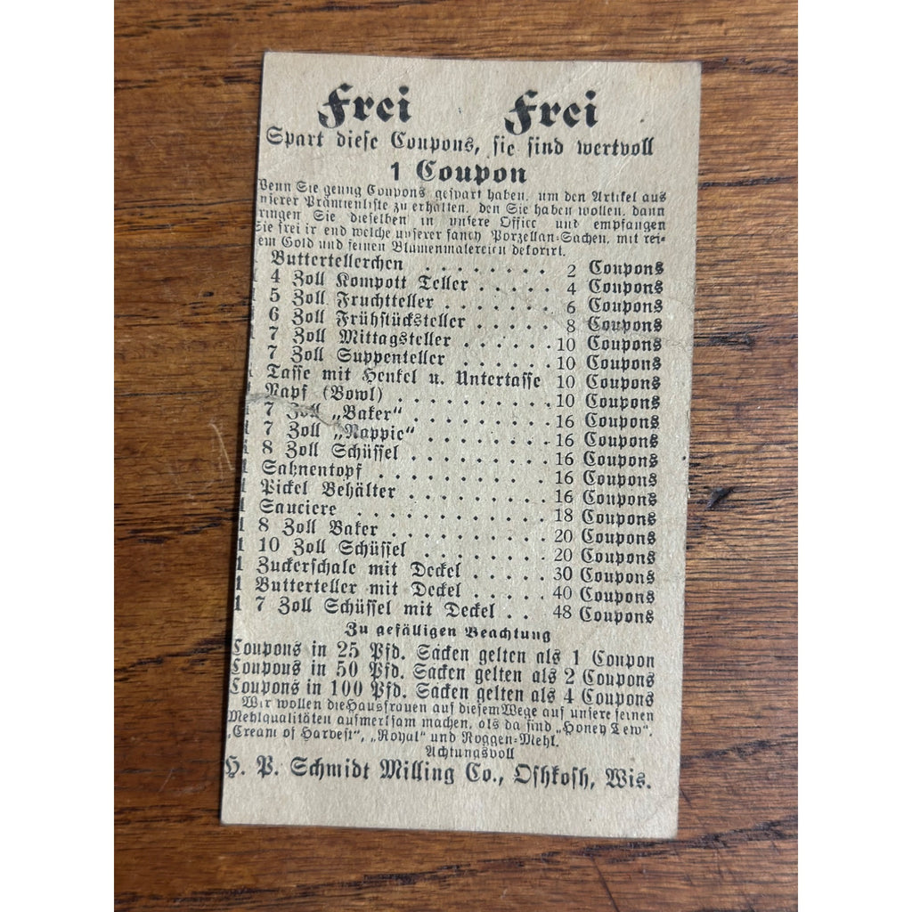 Early 1900s H.P. Schmidt Milling Co. Oshkosh Wis Wisconsin Coupon Advertising