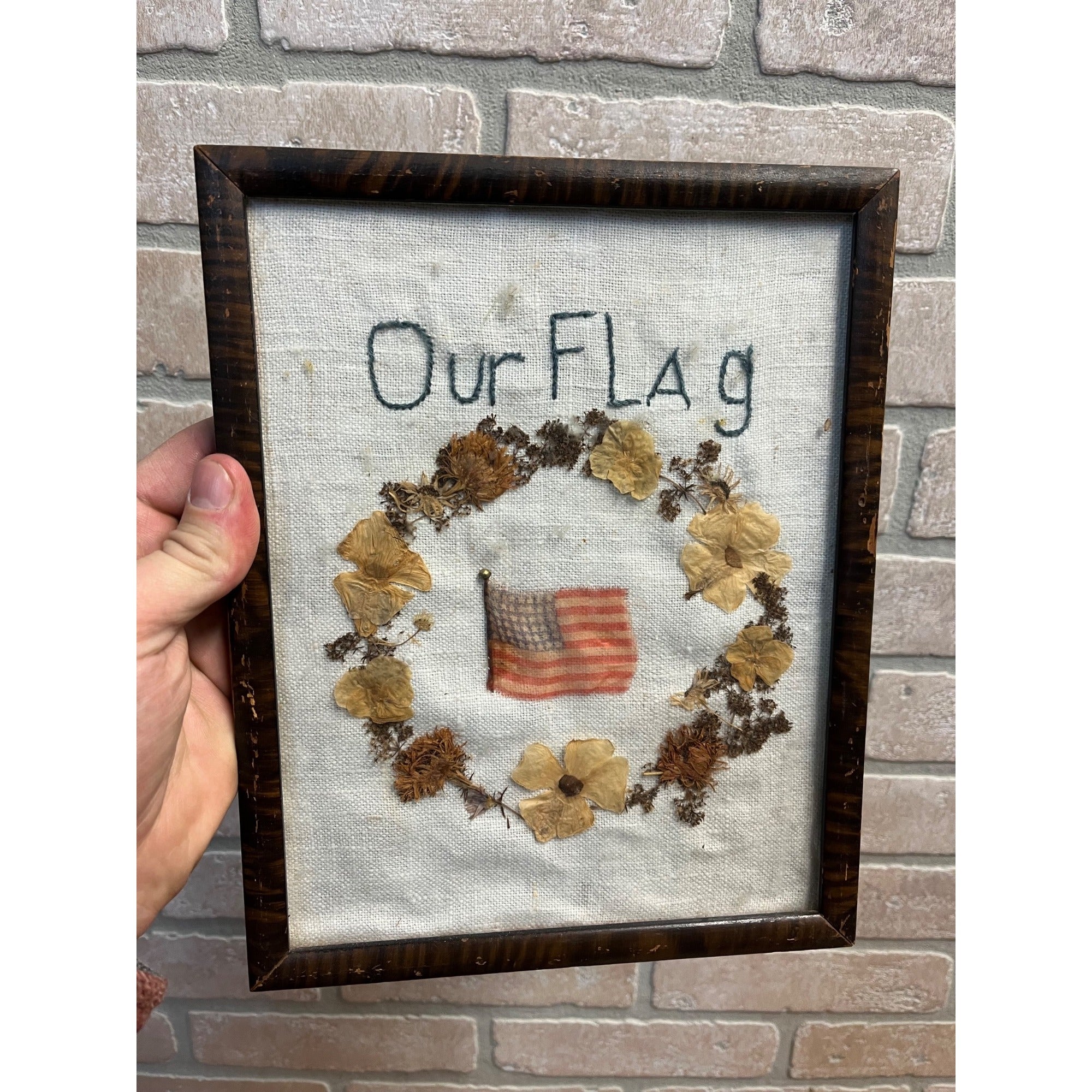 Vintage Folk Art Patriotic Americana Framed Stitched Silk 47-Star Flag Flowers