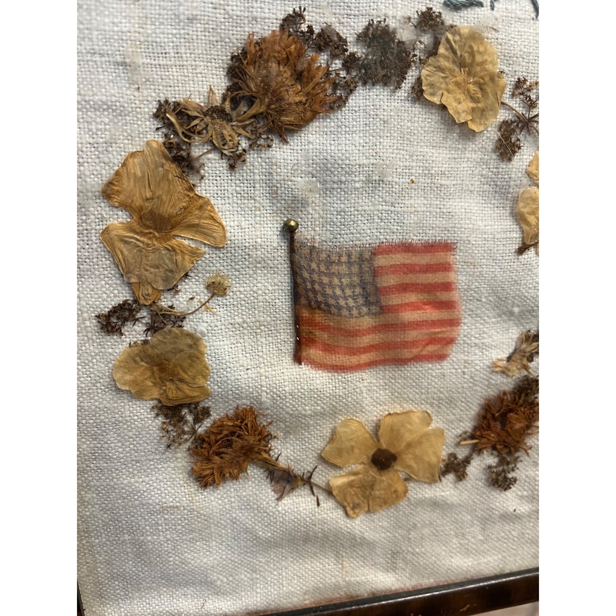Vintage Folk Art Patriotic Americana Framed Stitched Silk 47-Star Flag Flowers