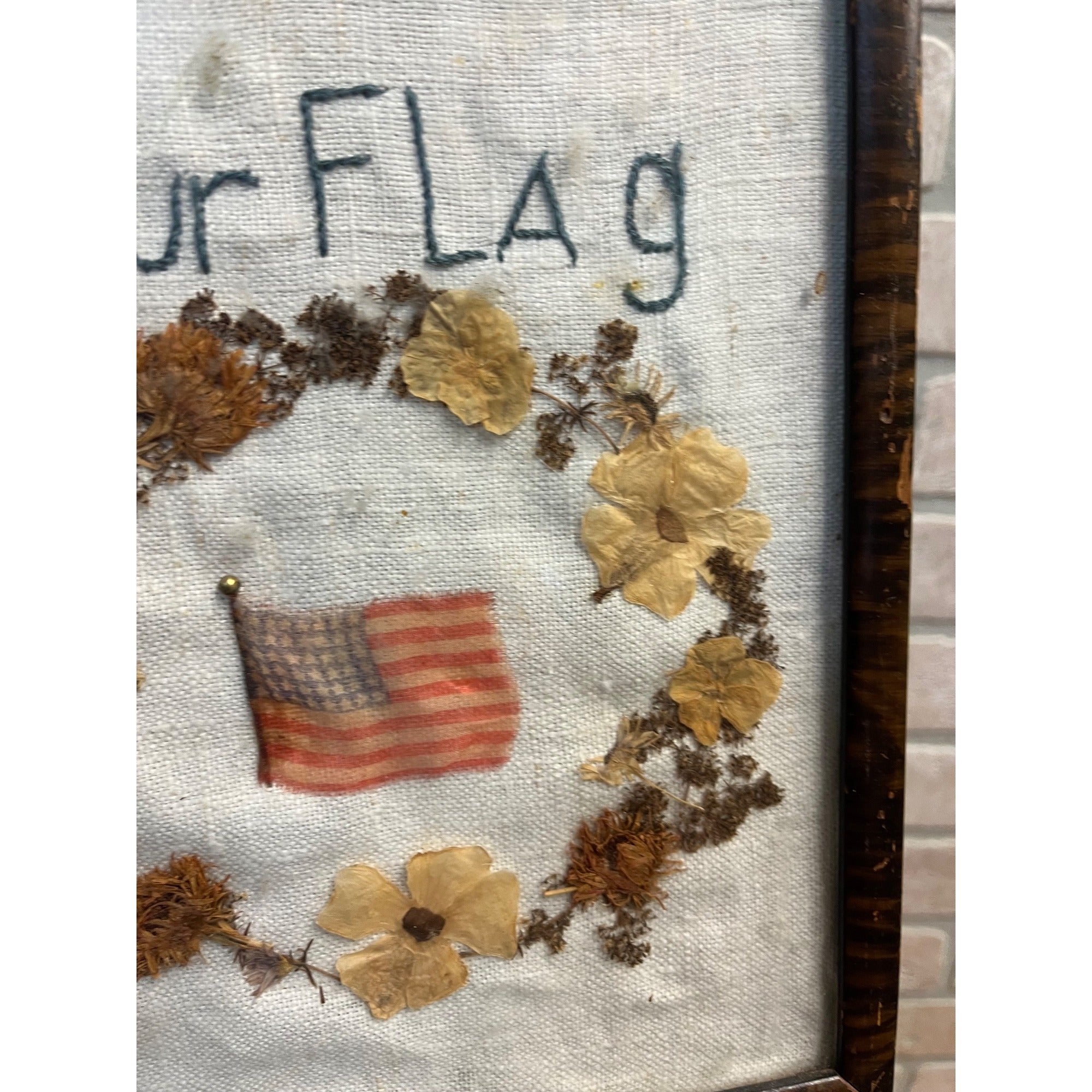 Vintage Folk Art Patriotic Americana Framed Stitched Silk 47-Star Flag Flowers