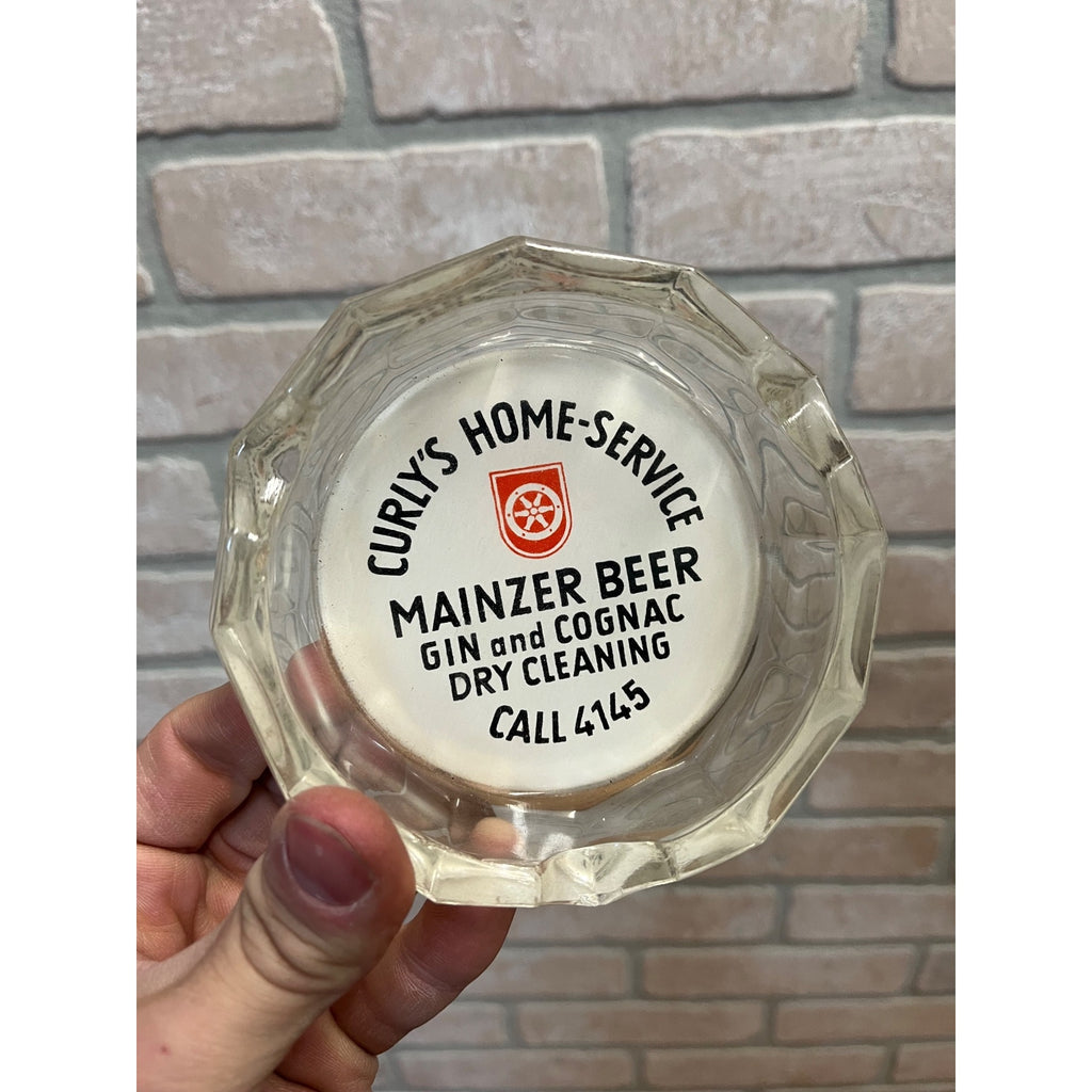 Vintage Mainzer Beer Gin  Curly's Home Service German Bier Advertising Glass Ashtray
