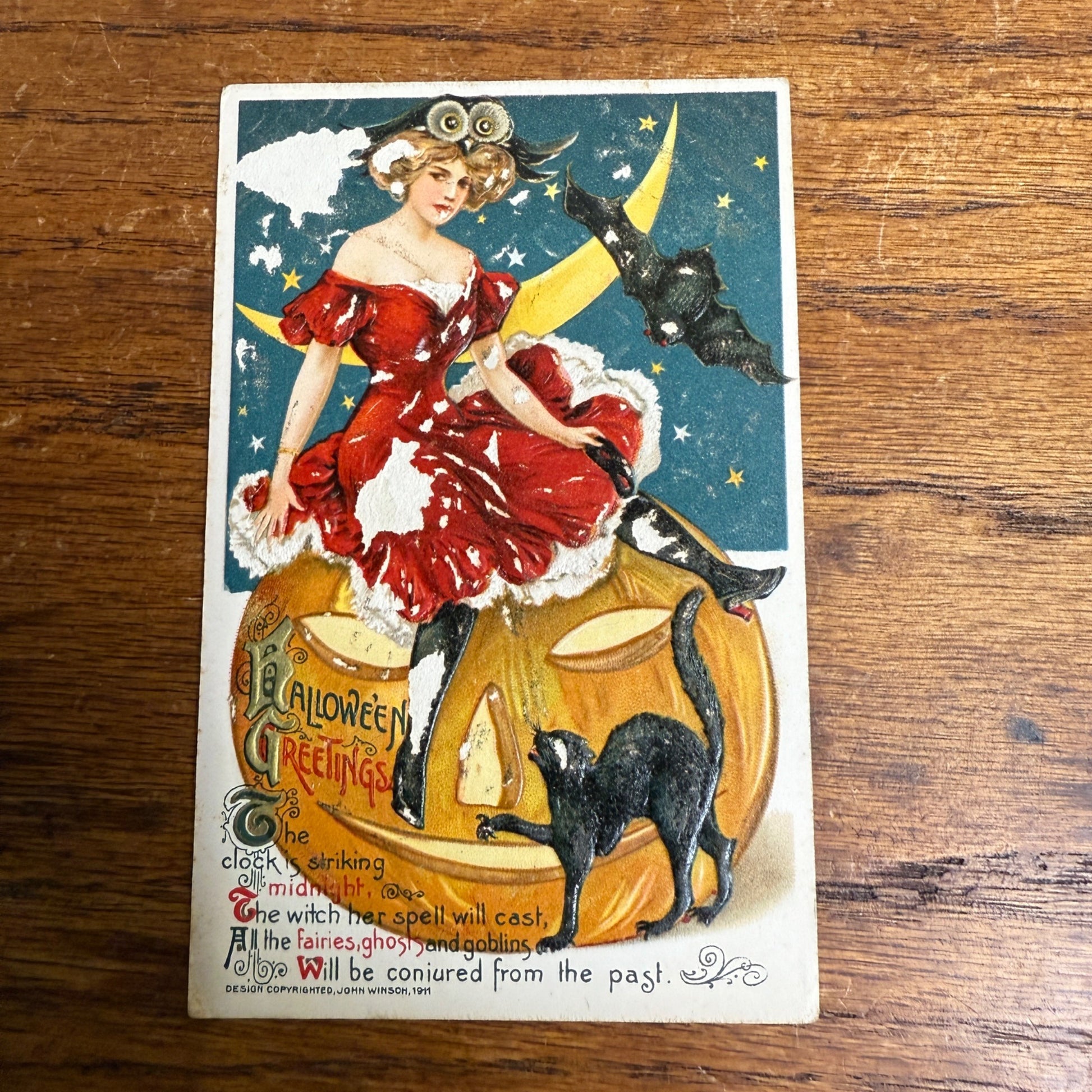 Vintage 1911 Halloween Postcard Winsch Art Deco Girl Cat JOL As-Is