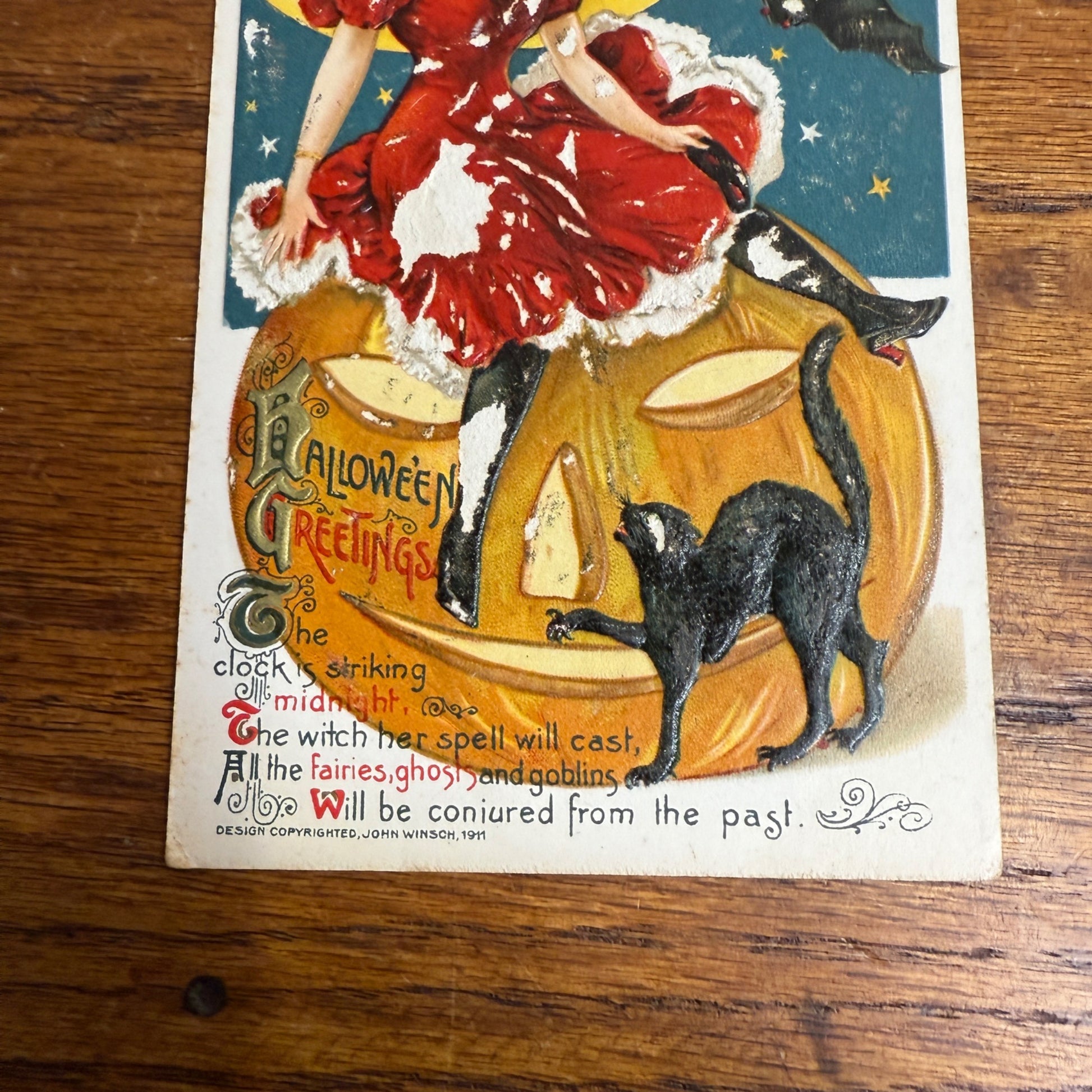 Vintage 1911 Halloween Postcard Winsch Art Deco Girl Cat JOL As-Is