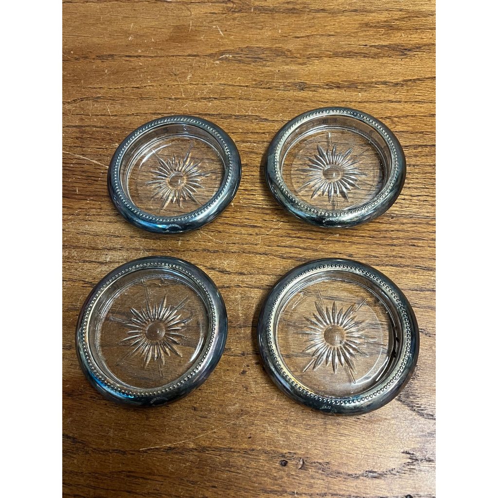 Set Of 4 Vintage Glass & Silver Plated Coasters W&S Blackinton 4" Diameter